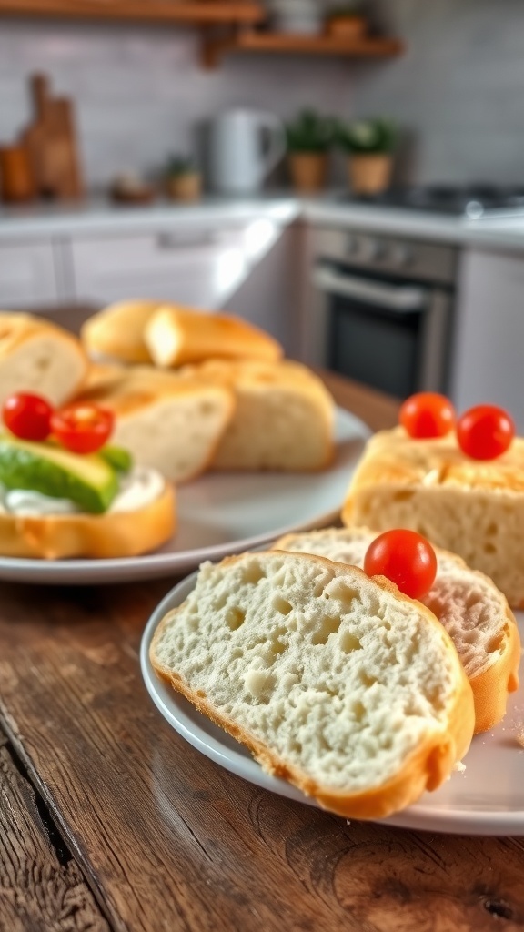 Fluffy cloud bread slices on a plate, some topped with avocado and tomatoes, on a rustic wooden table.